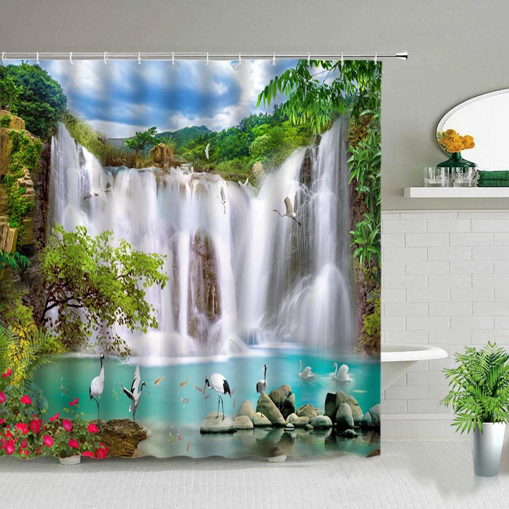 Natural Scenery Shower Curtain Set Waterfall Spring Landscape Home Bathtub Decor Waterproof Polyester Cloth Bathroom Curtains