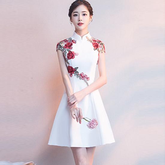 Women Cheongsam Dress Half Turtleneck High Waist Above Knee Length Temperament Chinese Dress for Banquet