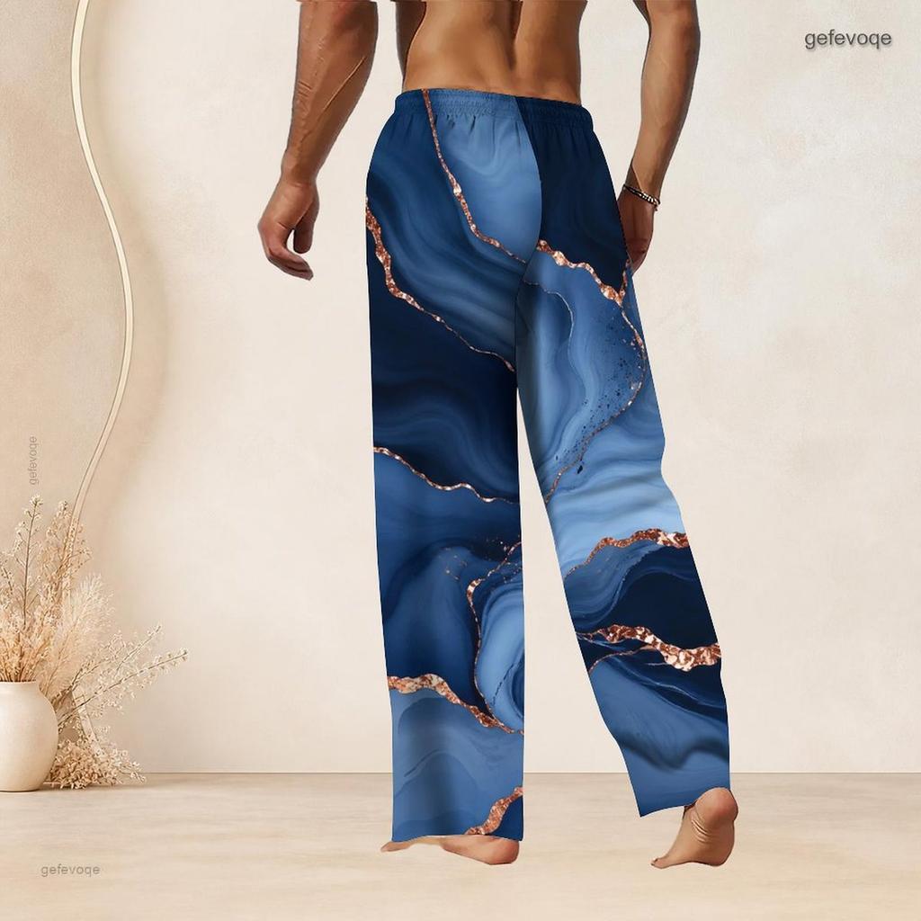 Men S Plus Size Drawstring Waist Blue Gold Marble Print Straight Leg Full Length Beach Pants