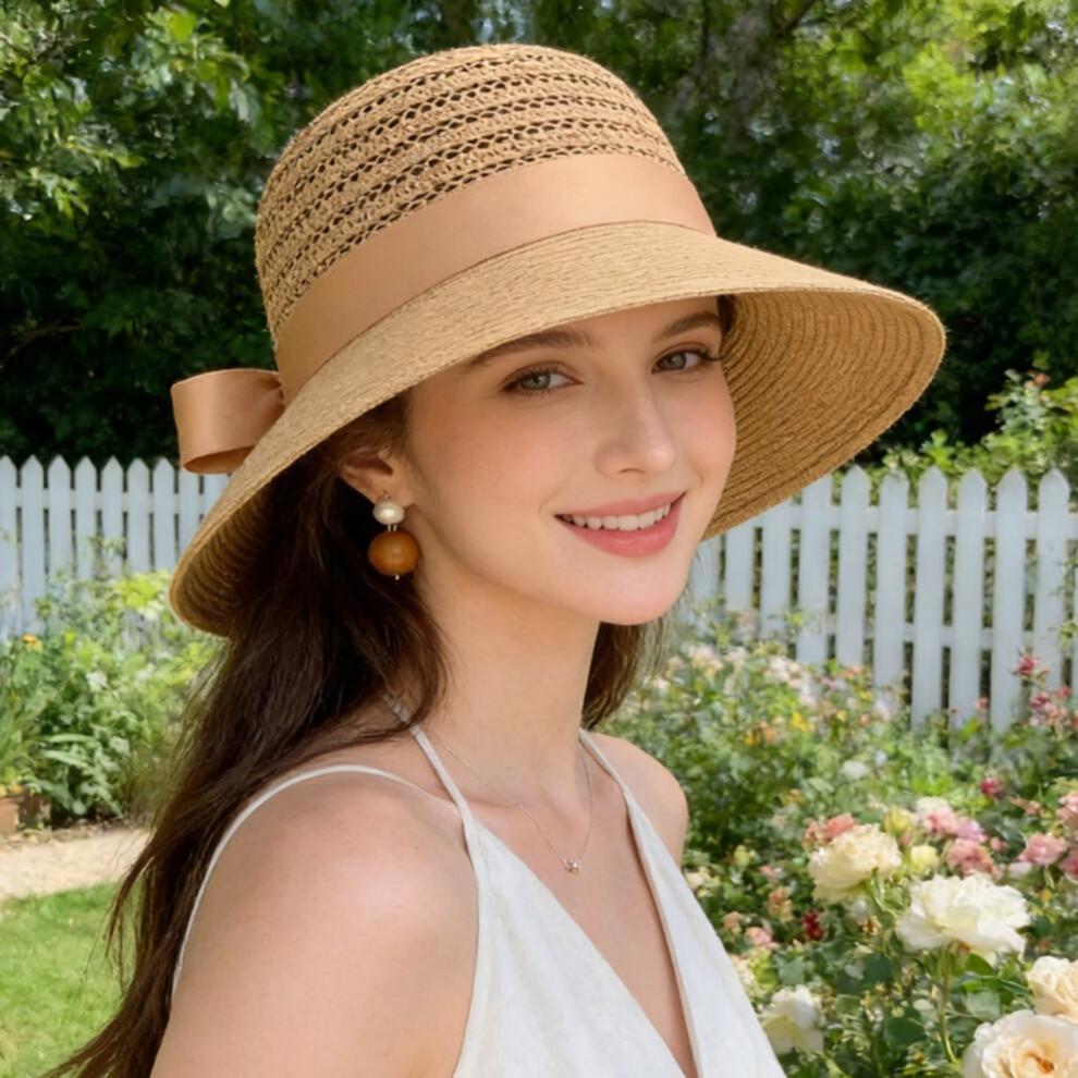 (One Size, Khaki) Women's Summer Straw Hat Wide Brim Beach Cap Outdoor Hollow Sun Hat with Bowknot