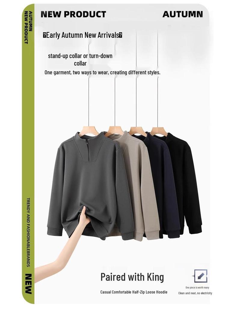 Men's Half-Zip Stand Collar Sweatshirt: Pure Color Long Sleeve T-Shirt for Spring & Autumn