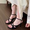 Fashion New Fashion High-quality Ribbon High Heel Dress Single-line Buckle Thin High-heeled Sandals French Open-toe Hollow Women's Shoes