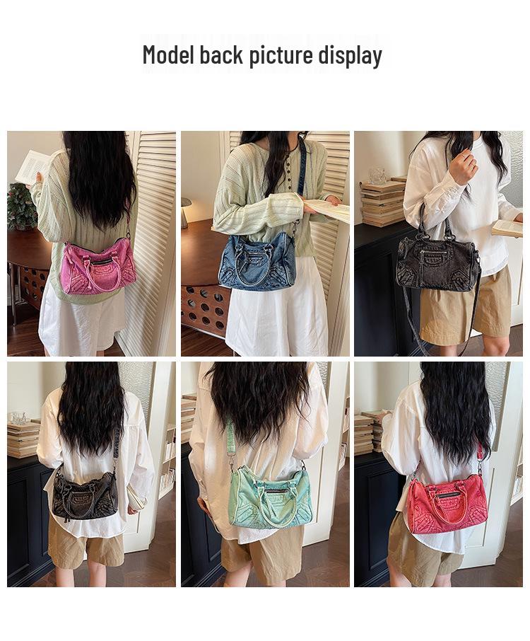 2026 Retro Denim Motorcycle Bag with Patchwork and Rivet Decoration – Crossbody, Shoulder, Handbag