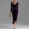 2025 Women's Casual Golden Velvet Slim Fit Long Sleeve Pleated Split Dress