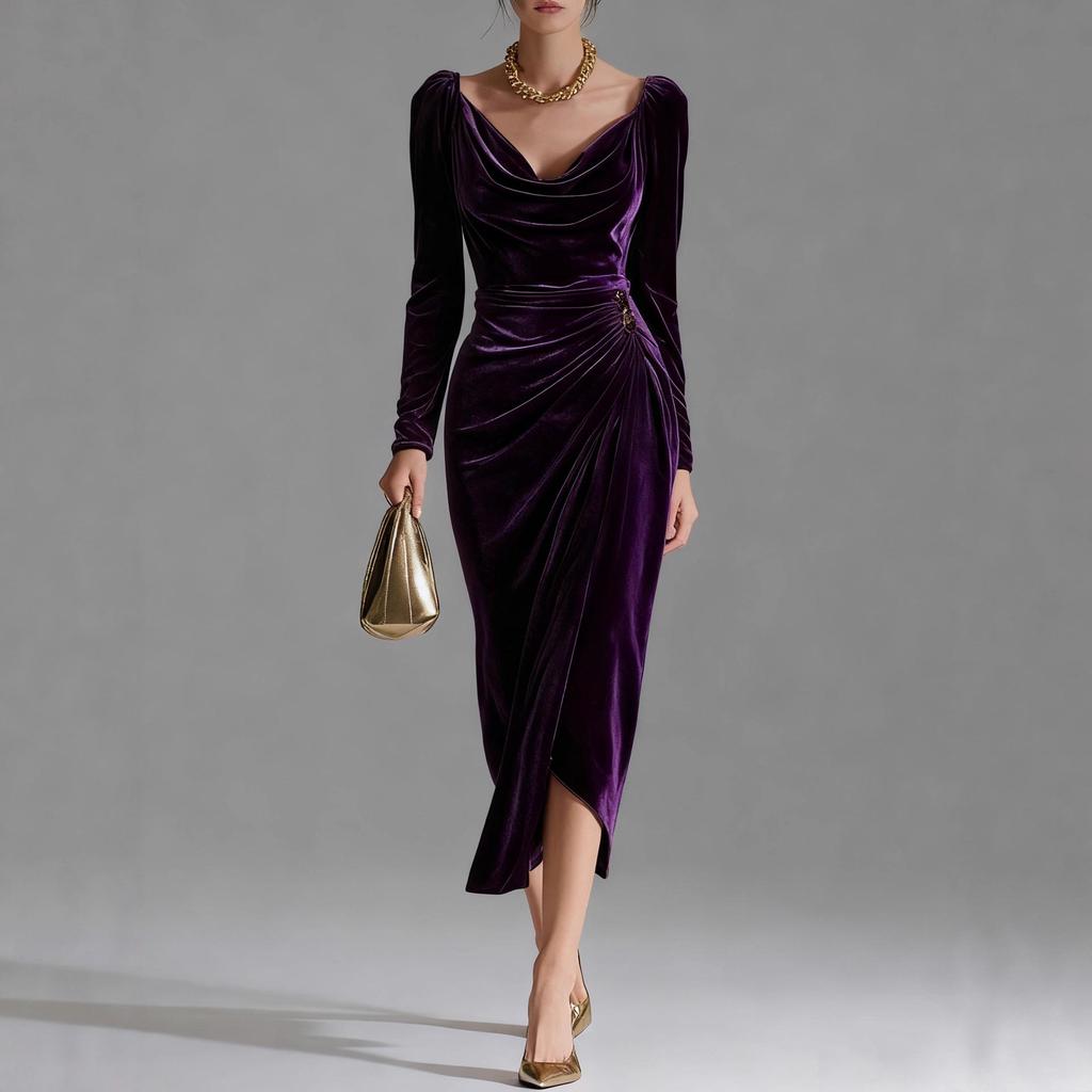 2025 Women's Casual Golden Velvet Slim Fit Long Sleeve Pleated Split Dress