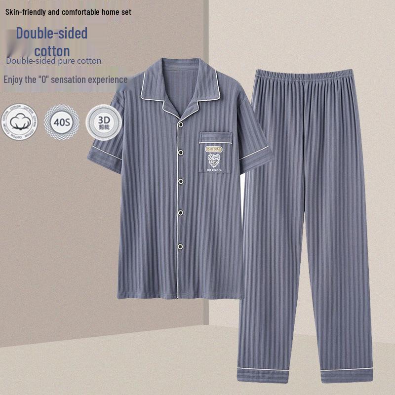 Herren Sommer Baumwollpyjama-Set: Kurzärmeliges Oberteil & Lange Hose, Leichtgewicht, Draußen tragbar, Einfache Übergrößen-Homewear