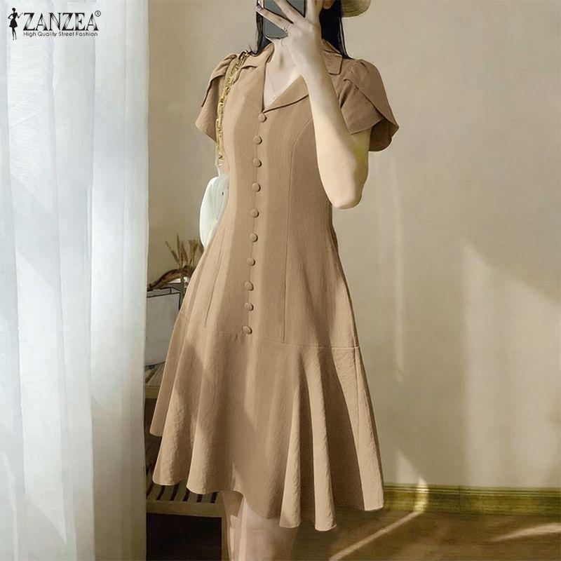 ZANZEA Women Casual Turn Down Collar Short Sleeve Casual Dress