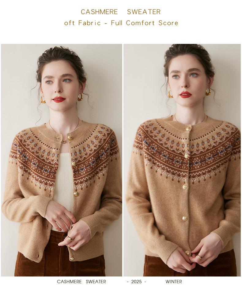 Women's Fair Isle Cashmere Cardigan: Loose, Long Sleeve Knit Sweater for Autumn/Winter