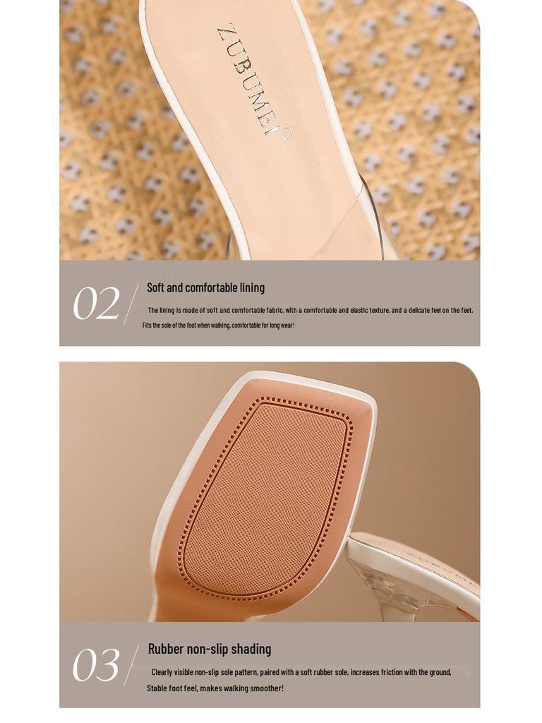 Square Toe High Heel Sandals with Single Strap, 2026 Model - Transparent Crystal Stiletto with Waterproof Platform and Thick Sole.