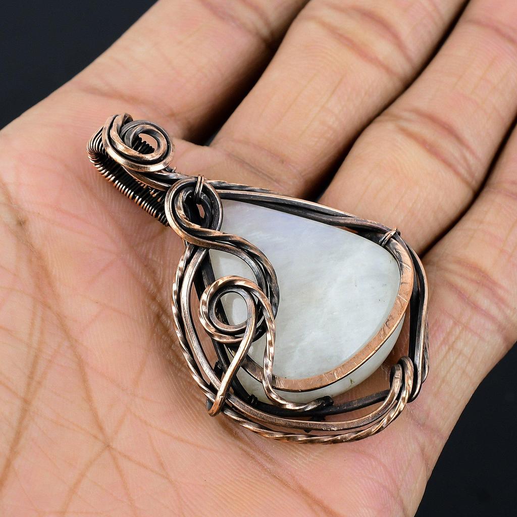 Moonstone 999 Copper Wire Wrapped Pendant, Handmade Gemstone Pendant, Gift For Mom Antique Jewelry