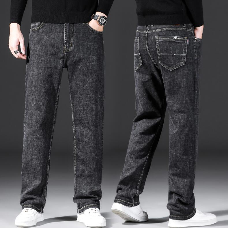 High-end Smoke Gray Jeans Straight Loose Spring and Autumn Thick Medium Diagonal Pocket Casual Pants Large Size Winter