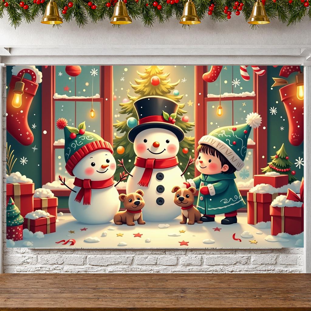 Snowman Display Stockings Winter Celebration Banner Christmas Banner Cartoon Snowman Holiday Backdrop For Photo Prop Xmas Event
