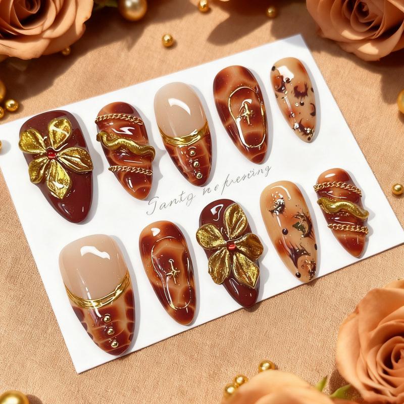 30-Piece Rhinestone Gold and Almond 3D Floral & Silver-White Leopard Print Nail Art Set