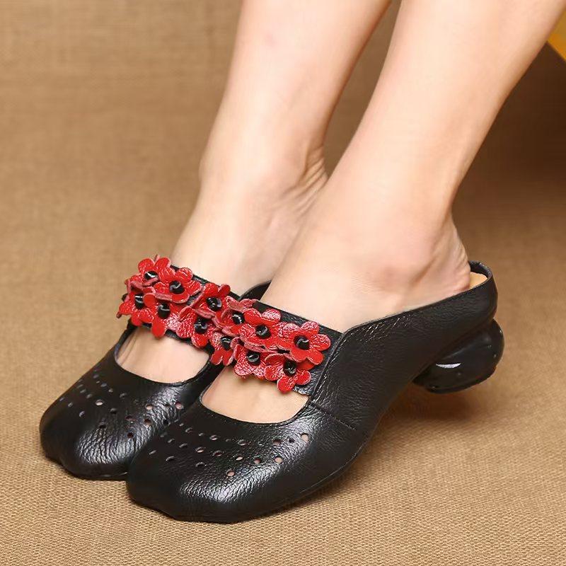 Women's Leather Hollow Out Baotou Block Heel Slipper Summer Soft Sole Non Slip Ethnic Style Flower Outdoor Half Slipper Slippers