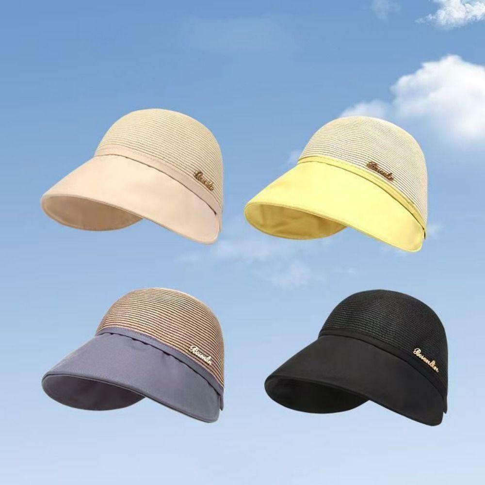Wide Brim Women's Straw Hat Solid Color Bucket Sunhat Casual Sunshade Cap Camping