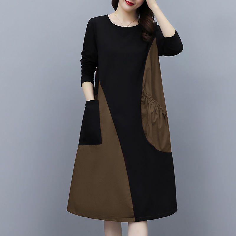 Autumn 2025 Plus Size Slimming Color Block Long Sleeve Dress for Women