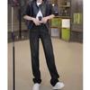 Zhizhi 2024 Autumn Women's Black & Gray Wide-Leg Jeans, Narrow Version, Slightly Elastic with Side Straps.