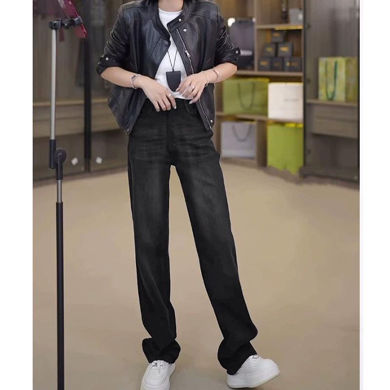 Zhizhi 2024 Autumn Women's Black & Gray Wide-Leg Jeans, Narrow Version, Slightly Elastic with Side Straps.