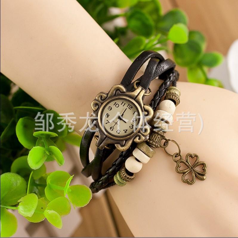 Jewelry Fashion Women s Watch Wholesale Vintage Leather Bracelet Bracelet Watch Butterfly Clover Pendant Quartz Watch