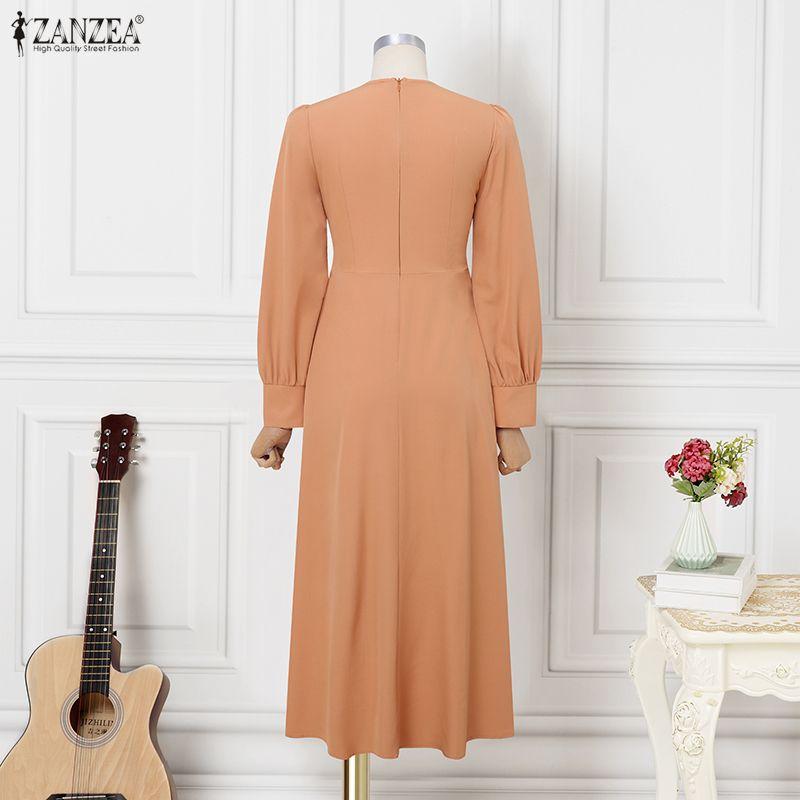 ZANZEA Women Casual Round Neck Solid Color Long Sleeve Loose Dress