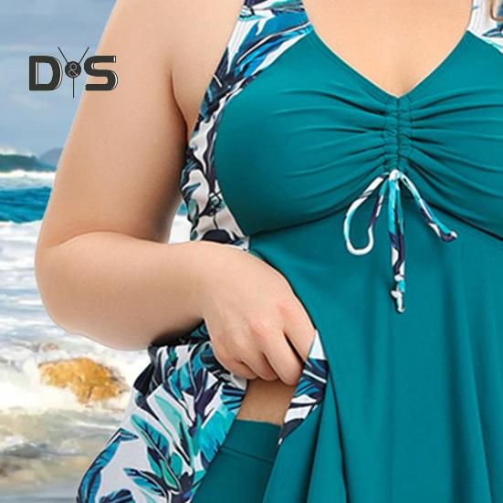 2Pcs/Set Plus Size Swimsuit Set V-Neck Halter Flowy Hem Tops Boxer Trunks Set Quick Drying Split Design Swimwear