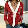 Damen Langarm-Oberteil mit Weihnachtsdruck und flauschigem Kragen für Herbst- und Winter-Feiertagskleidung