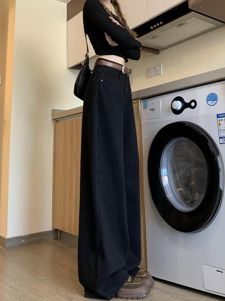 Women's Plus Size High Waist Black Wide Leg Jeans - Floor Length, Slimming, Versatile, Loose Fit