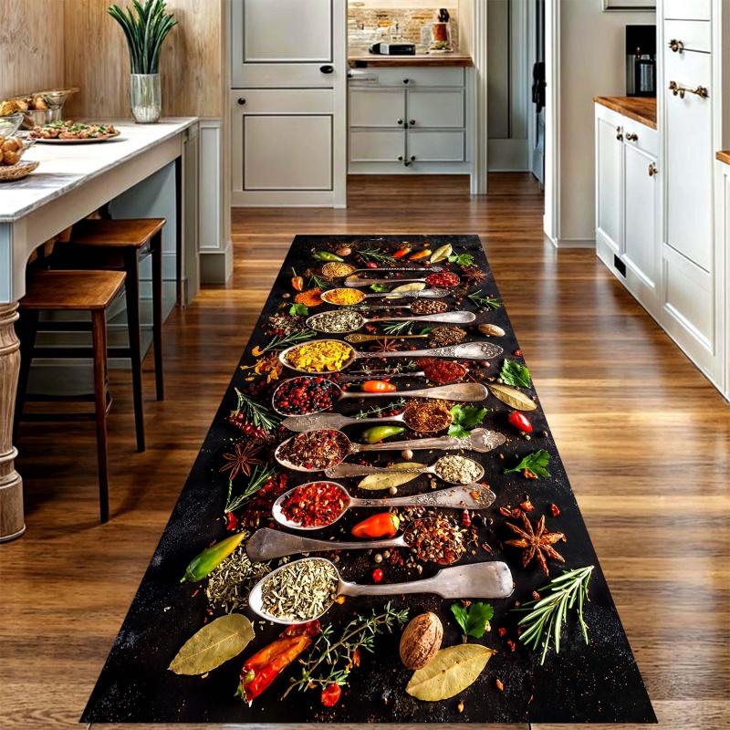 Spice Spoon Print Long Runner Rug,Kitchen Food Theme,Decorate kitchen corridor,living room,entry hallway,balcony area