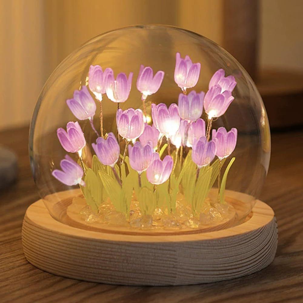 Tulip Lamp LED Night Light Decoration Lamp Glass Artificial Tulips Table Lamp for Bedroom, Livingroom, Birthday, Anniversary Gift (10 Flower, Purple)