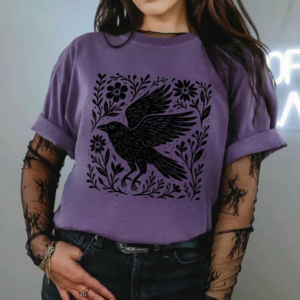 Retro Folklore Waldkrähe Linolschnitt Hemd Volkskunst Linolschnitt Krähe T-Shirt Kurzarm Baumwolle Unisex Y2K Lässiges Oberteil Streetwear