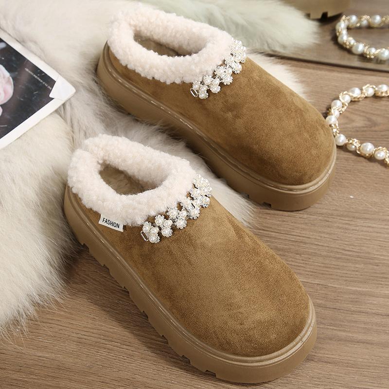 Fashion Pearls Decor Cotton Platform Slippers Women Autumn Winter Plush Warm Cotton Shoes Woman Plus Size Anti Slip Snow Boots Female