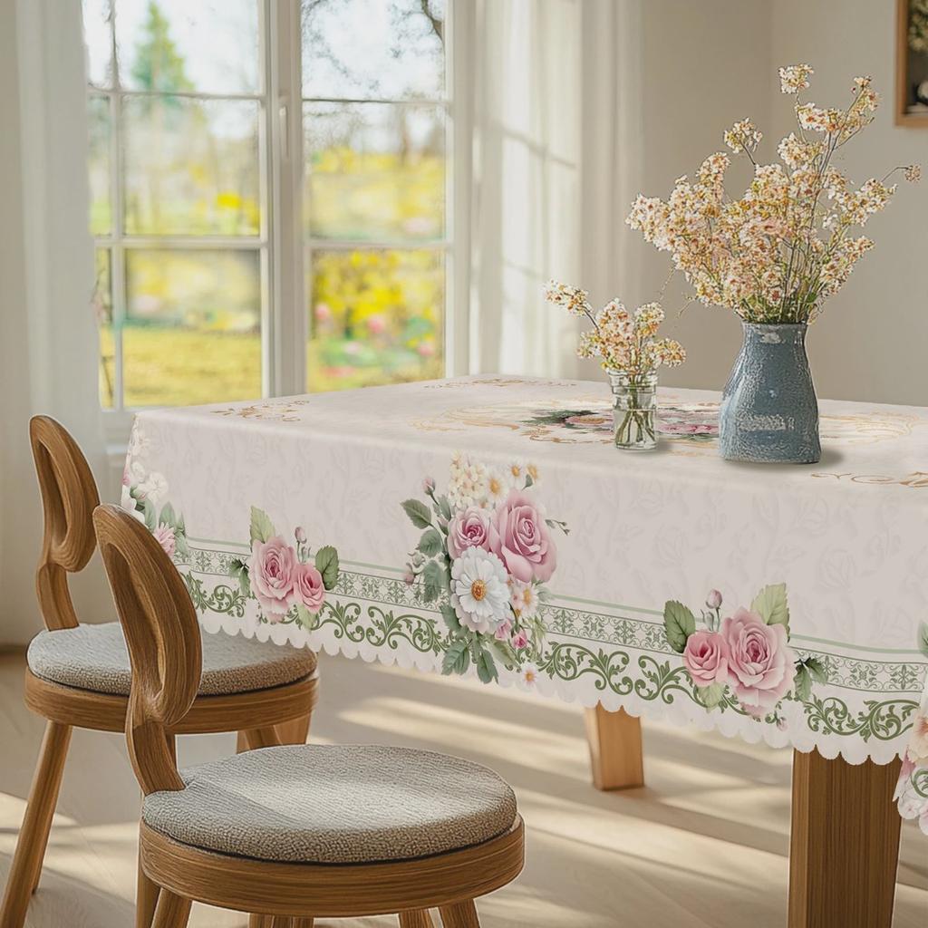Elegant Romantic Floral Print Tablecloth in Vintage Beige Rose and Daisy Pattern, Round and Rectangular Options