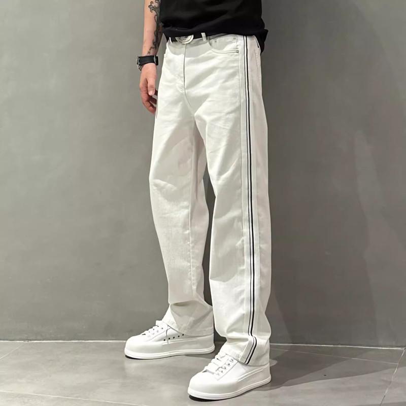 Men's Summer Wide-Leg Striped Stitching Casual White Jeans