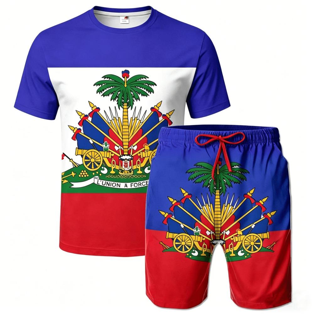 Men 2 Piece Haiti Flag Print Short Set, Casual Summer Outfit for Beach  Daily S
