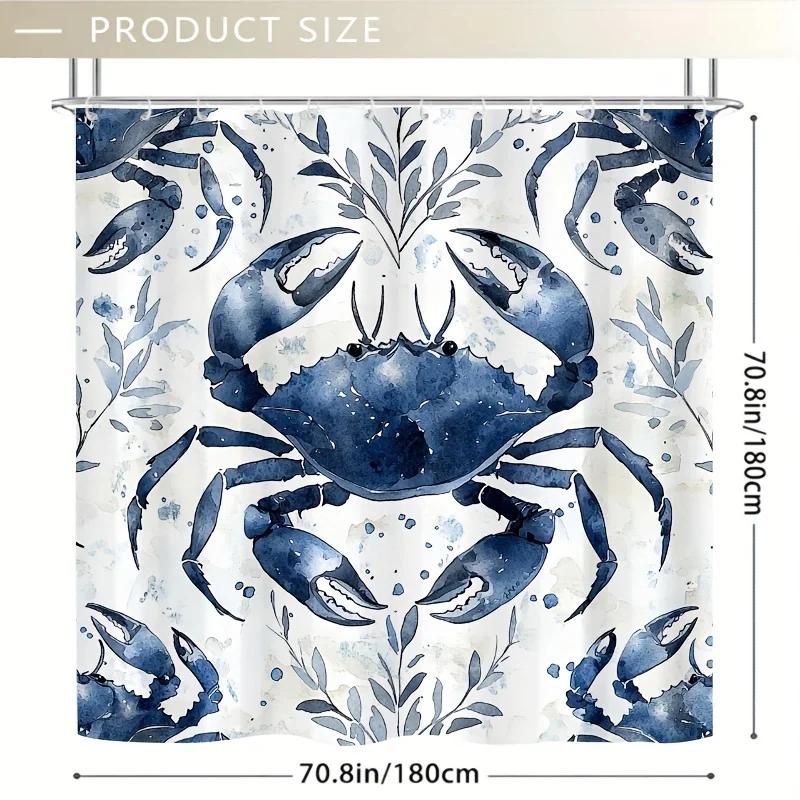 1pc Blue Gray Crab & Foliage Shower Curtain , Polyester, 12 Hooks, Symmetrical Pattern, Summer Bathroom Decor