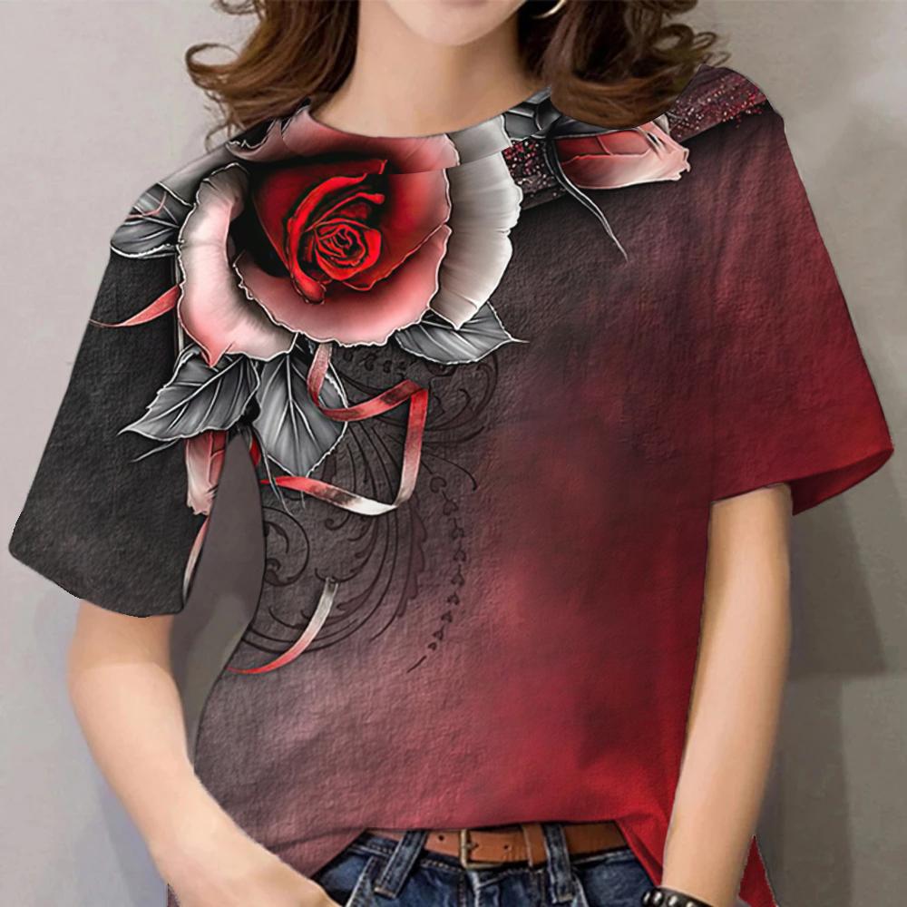 Damski T-shirt z kwiatowym nadrukiem Ubrania Harajuku Okrągły dekolt Casualowy Krótki rękaw Codzienny Y2k Bluzka Oversizeowe topy