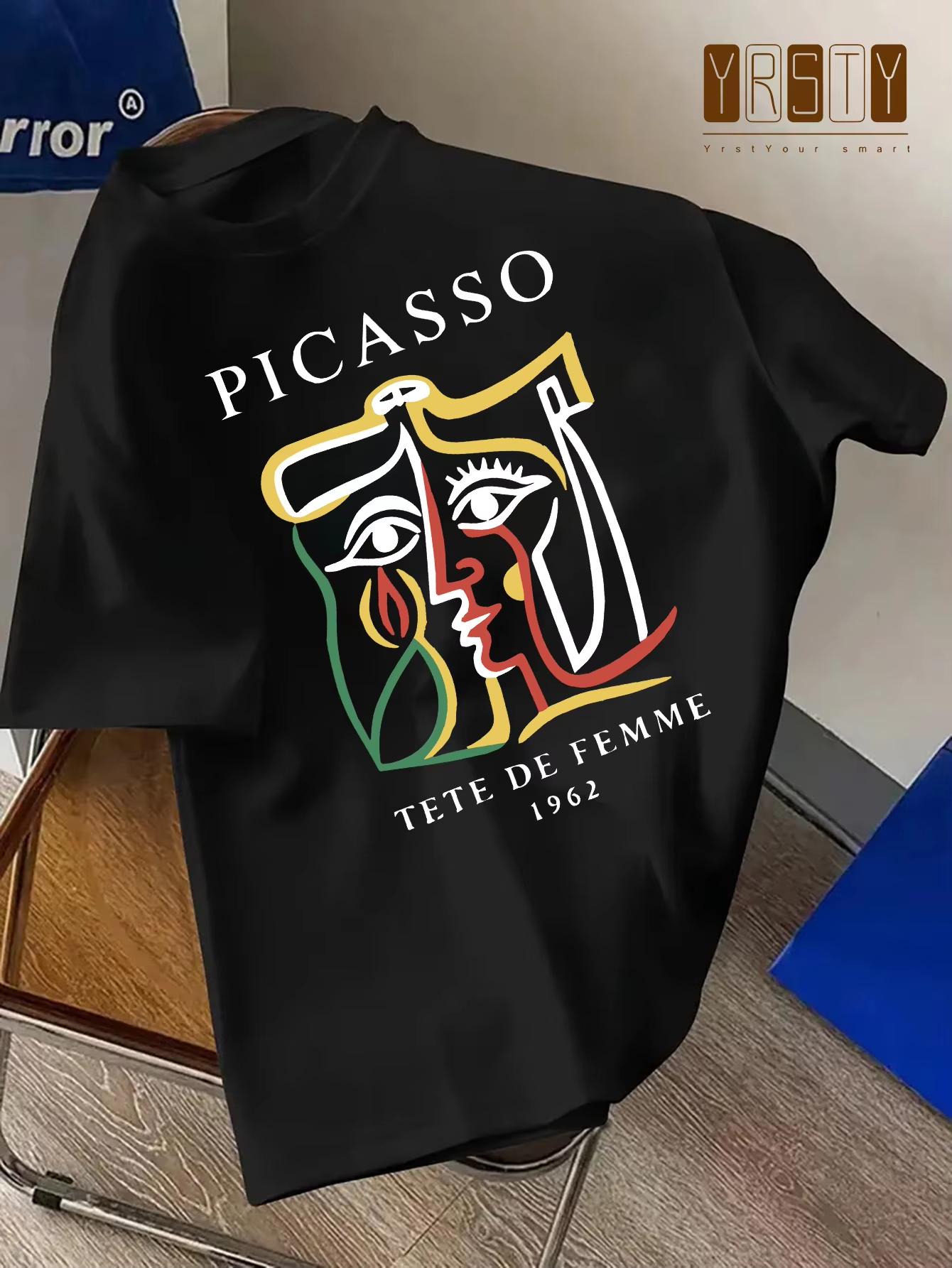 

2026 Summer Womenspure Cotton Casual Loose Picasso Art Print Comfortable Sports Round Neck Short Sleeved Tshirt Top S