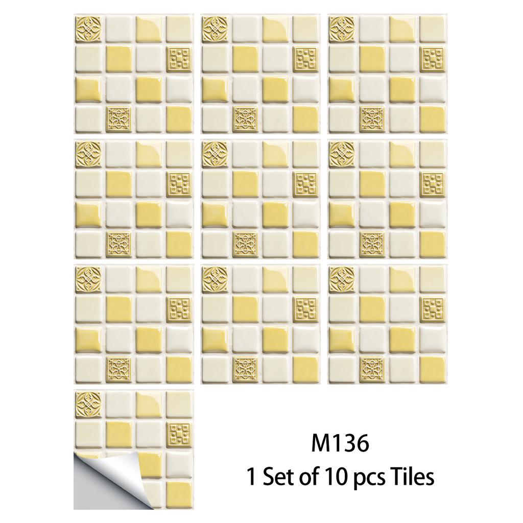 10Pcs Glossy Marble Mosaic Tile Stickers Waterproof Self-Adhesive Geometric Wall Floor Decals Kitchen Backsplash Home DIY Decoration