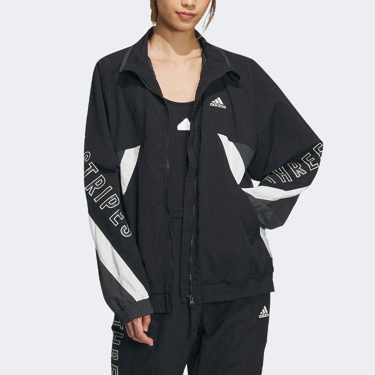 Adidas Letter Print Color Block Loose Stand Collar Long Sleeve Jacket Unisex Jacket Black IS5146