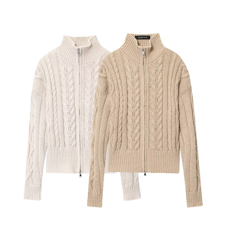 Za Export New Arrival Women's Clothing ZR Fashion Style Fashion All-Match Zipper Fancy Stand Collar Cable Stitch Knitting Cardigan