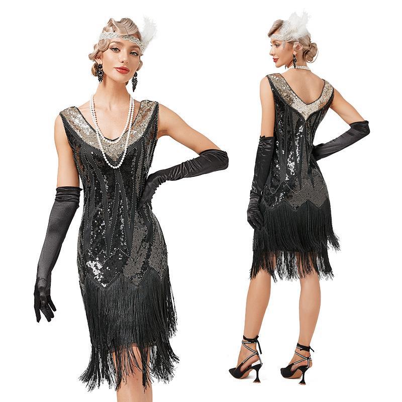 Dvouvrstvé třásňové šaty Gatsby Cocktail Party s výstřihem do V