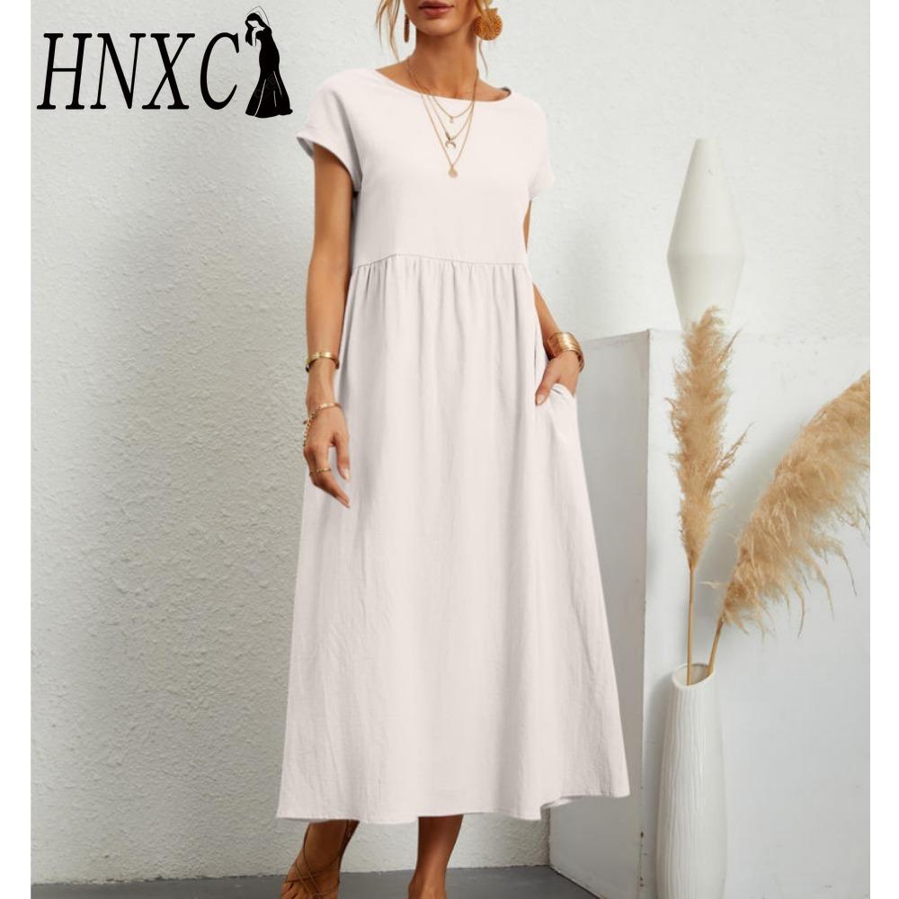 HNXC Sommer Freizeit Lockeres Kleid Damen Kurzarm O-Ausschnitt A-Linie Damenkleid mit Tasche Büro Damen Baumwolle Leinen Kleider