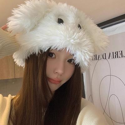 Chapéu Pulôver de Cachorro Japonês Engraçado de Desenho Animado com Olhos Grandes para Mulheres no Outono e Inverno Proteção Térmica para Orelhas Chapéu de Pelúcia Espesso Doce e Fofo