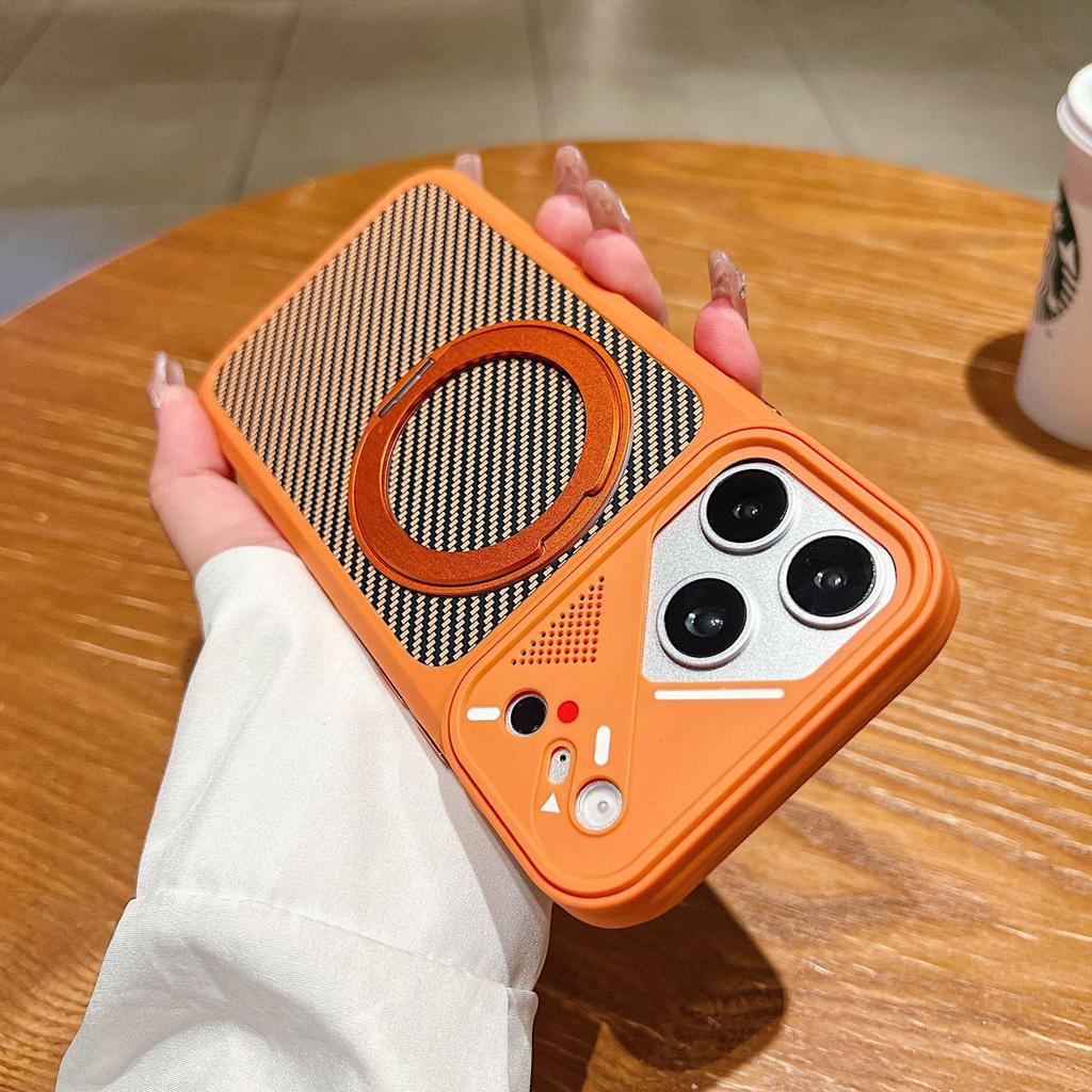 Carbon Fiber Electric Pattern Case with Rotating Magnetic Stand for iPhone 17 Pro Max