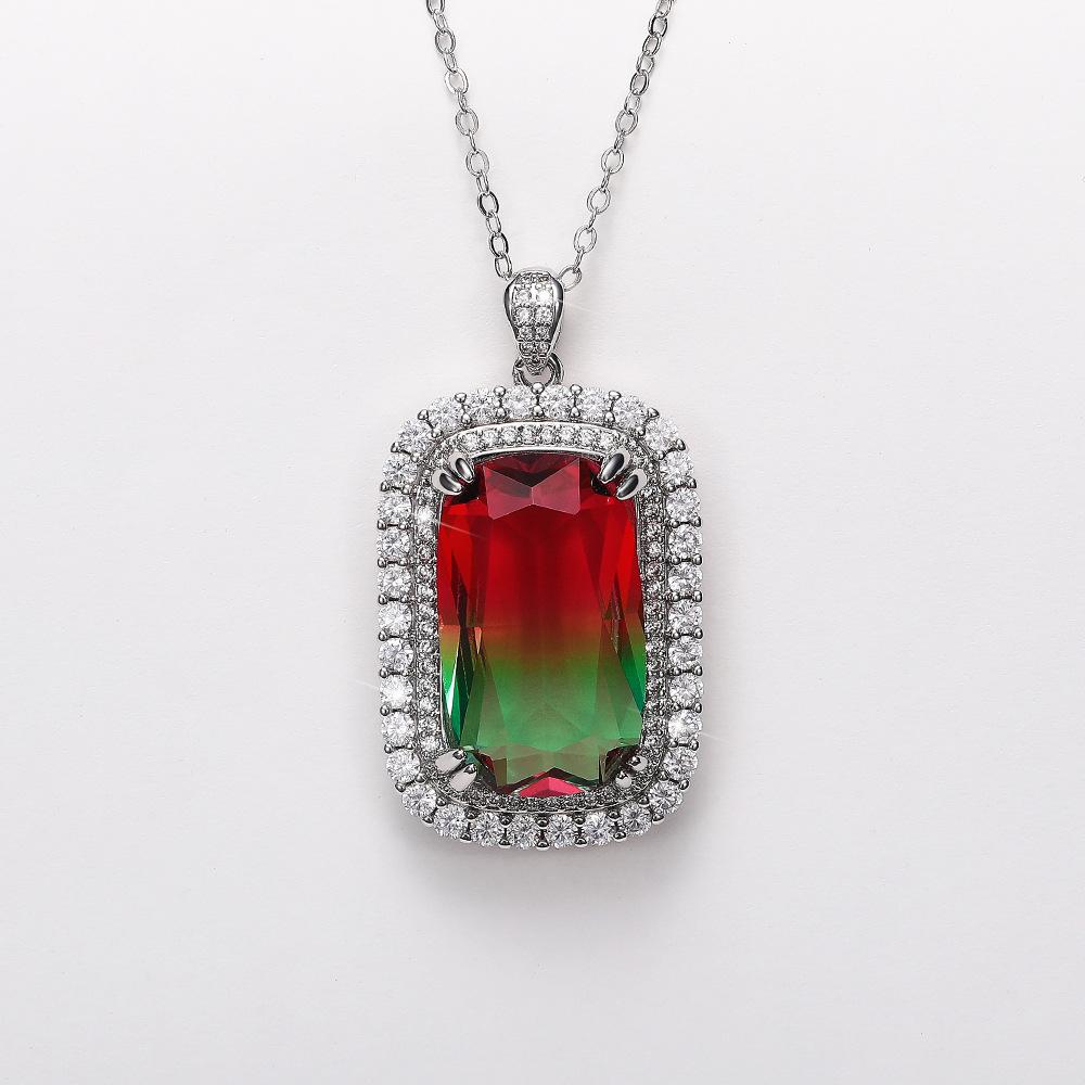 Silver Plated Emerald Cut Gradient CZ Pendant Necklace, Double Halo Cable Chain Necklace for Women