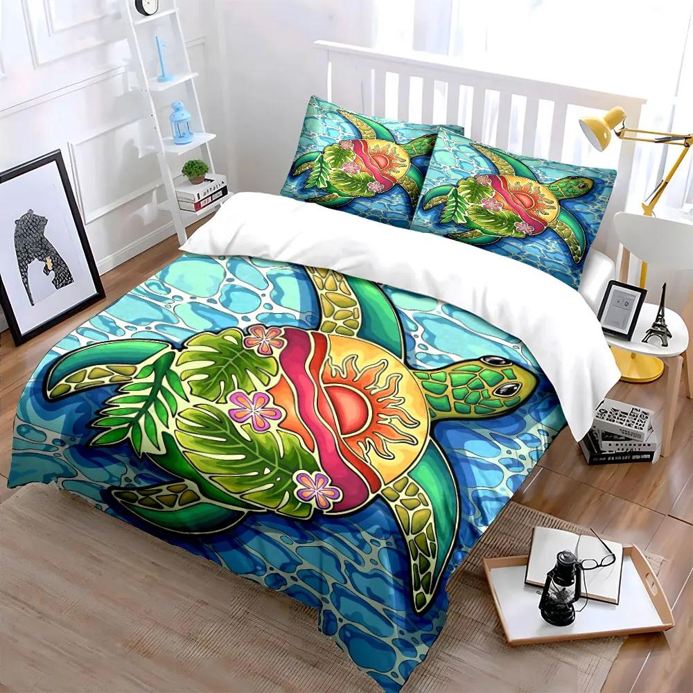 Colorful Turtle Beach Decor Set Bedding Set with 1 Duvet Cover 2 Pillowcases Single Double King Queen, Gift