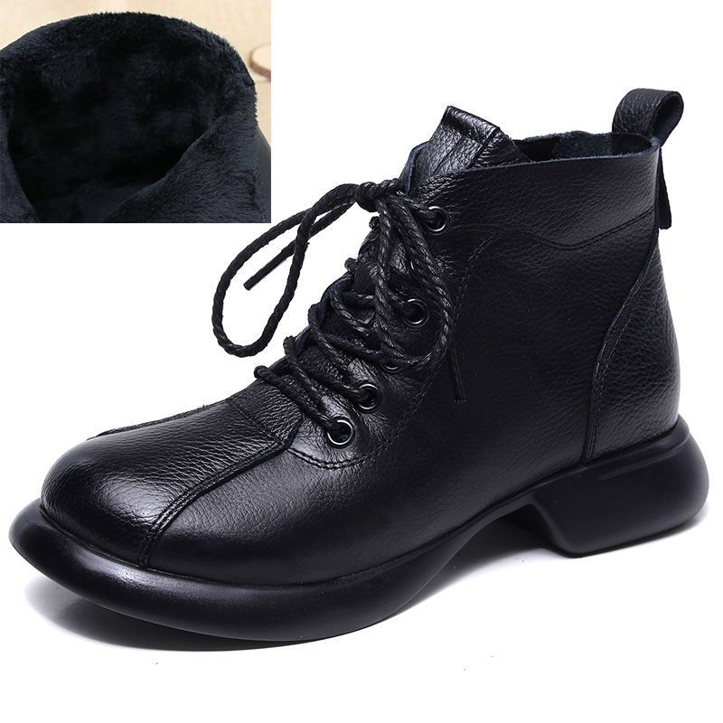 Brand Retro Black Brown Split Leather boots Woman Casual Lace Up Winter Snow Boots Non-slip Rubber Booties Ladies Ankle Botas