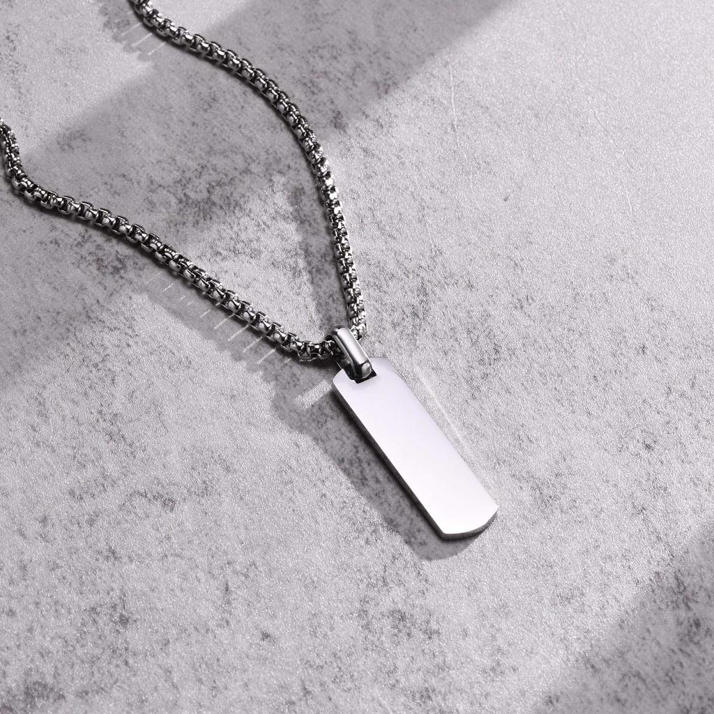 Free Custom Personalized Bar Necklaces for Men Boys, Waterproof Stainless Steel Vertical Geometric Pendant with Box Chain