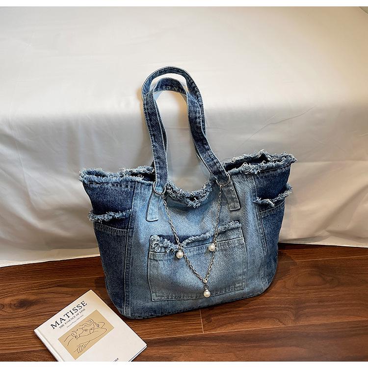 Niche Raw Edge Denim Tote Bag 2025, Women's Large Capacity Commute Shoulder Bag with Fashion Silk Scarf