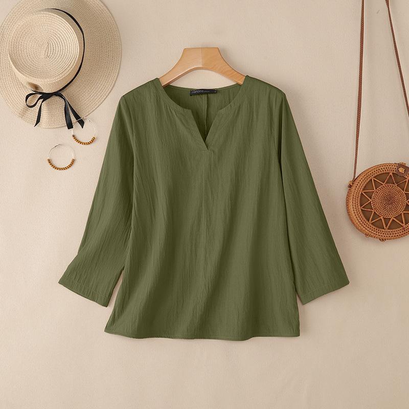ZANZEA Women Casual V-Neck Solid Color 3/4 Sleeve Loose Blouse